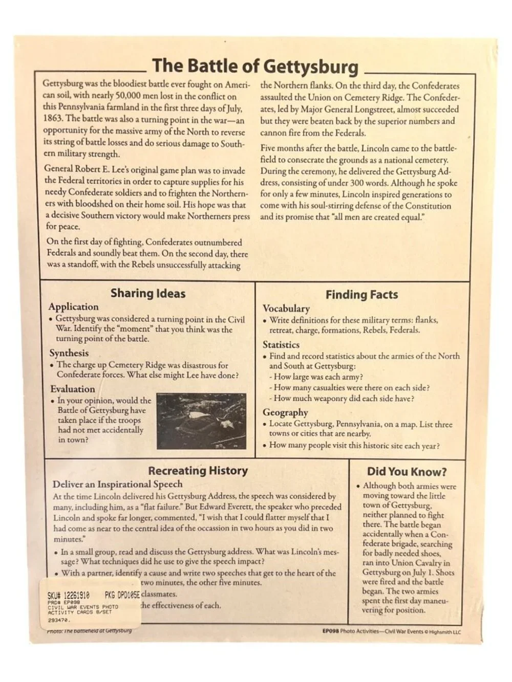 Hands-On Heritage Civil War Events Photo Activity Cards 8.5